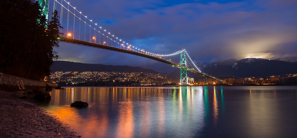 Lions Gate Bridge Vancouver BC at night time